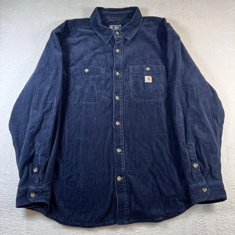 Carhartt Jacket Mens XL Blue Corduroy Button Front Workwear Shacket Long Sleeve